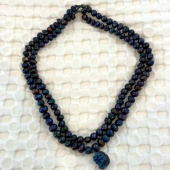 FRESHWATER PEARL DOUBLE STRAND NECKLACE W DRUZY STONE - Picture 1 of 2